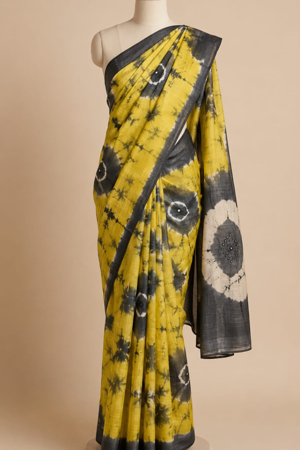 Pure Desi Tussar Silk Bandhani Saree with Hand Mirror Work