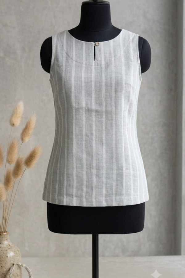 Linen Striped Top – Sage Green