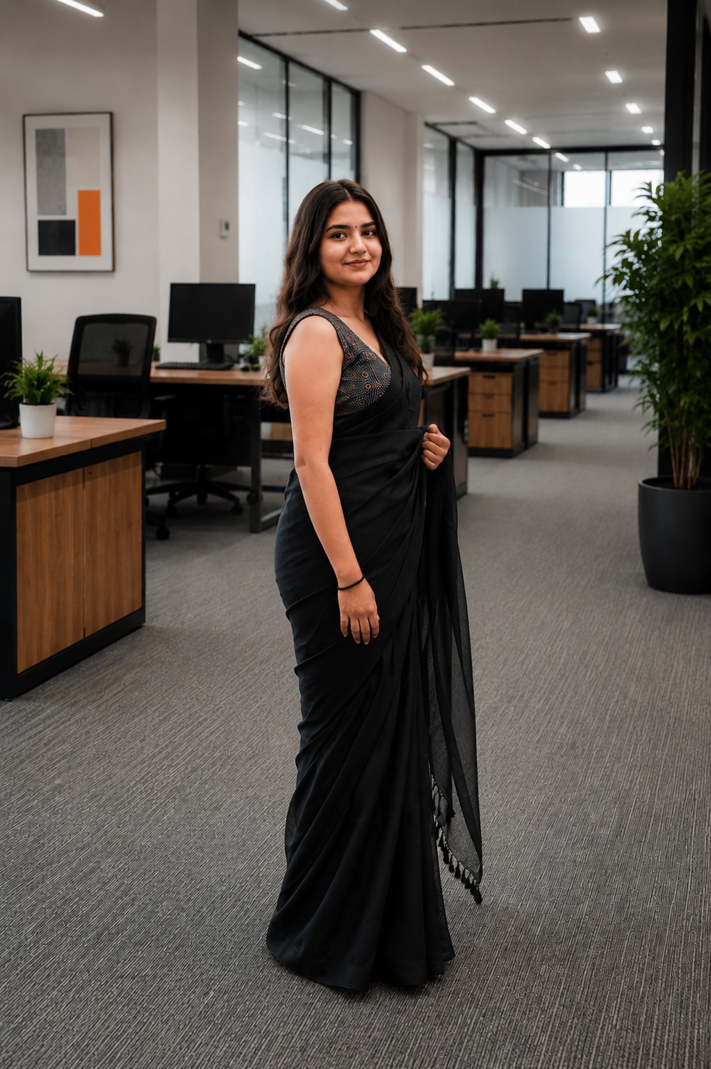 The Command Presence – Pure Mangalagiri Cotton Saree (Black) - Image 3