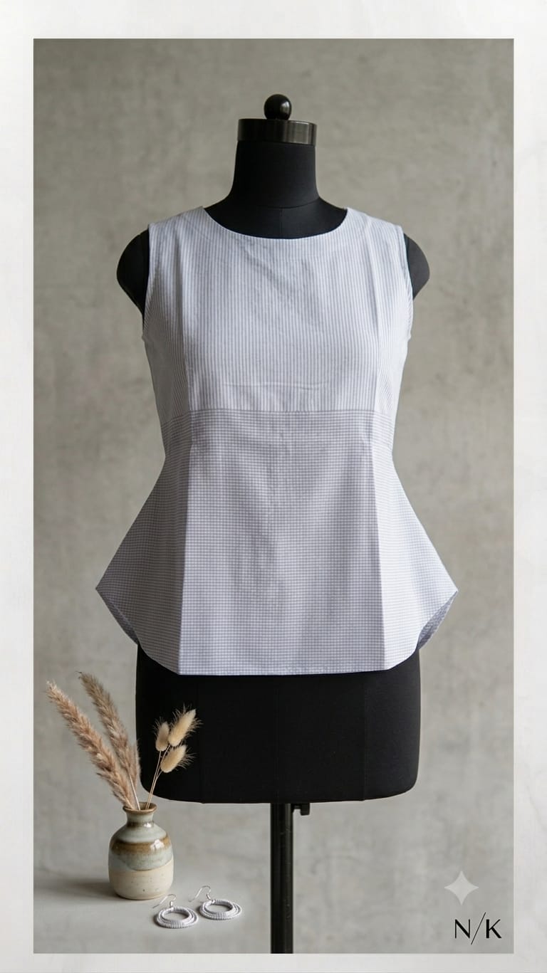Sleeveless Cotton Peplum Top (blue, skyblue, beige) - Image 4