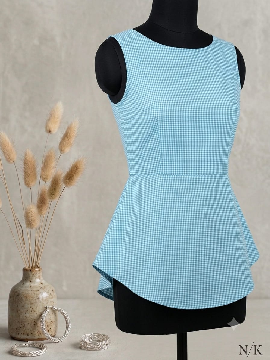 Sleeveless Cotton Peplum Top (blue, skyblue, beige)