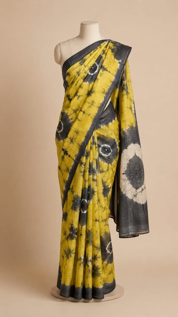 Pure Desi Tussar Silk Bandhani Saree with Hand Mirror Work
