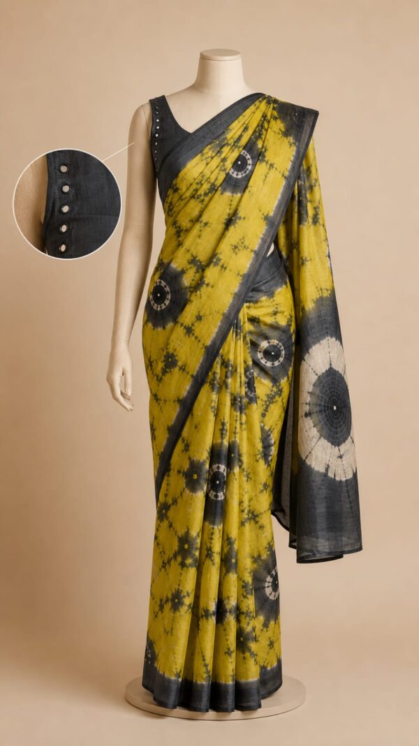Pure Desi Tussar Silk Bandhani Saree with Hand Mirror Work